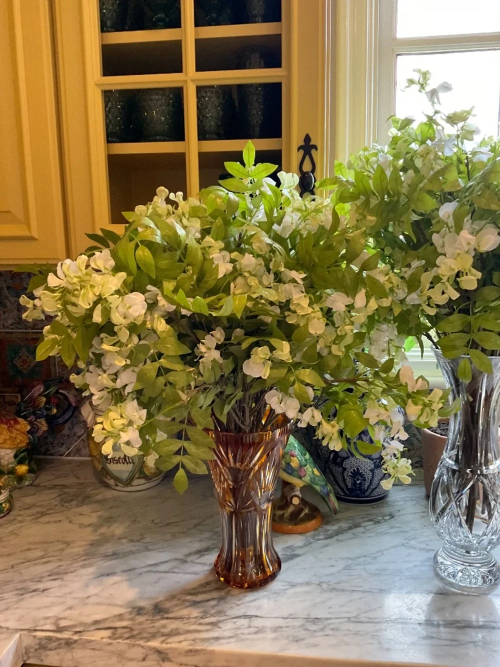 Pair of faux white large scale floral bouquets, flowers only